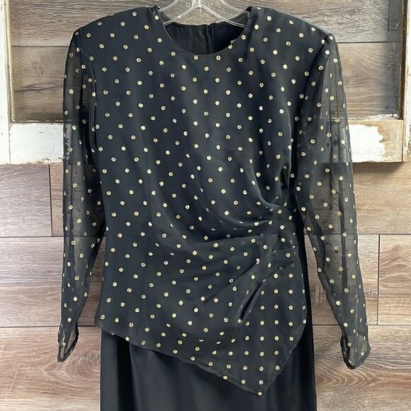 Scarlett Stunning 80s Polka Dot Pencil Dress in Black and Gold, Size 5 - Picture 4 of 9